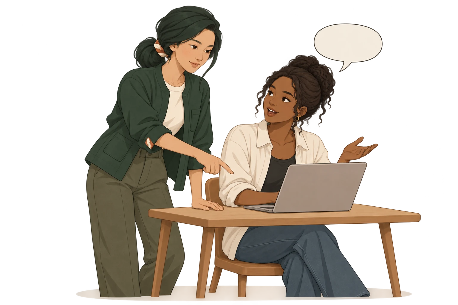 Araelle helping a founder think through her product at a laptop.