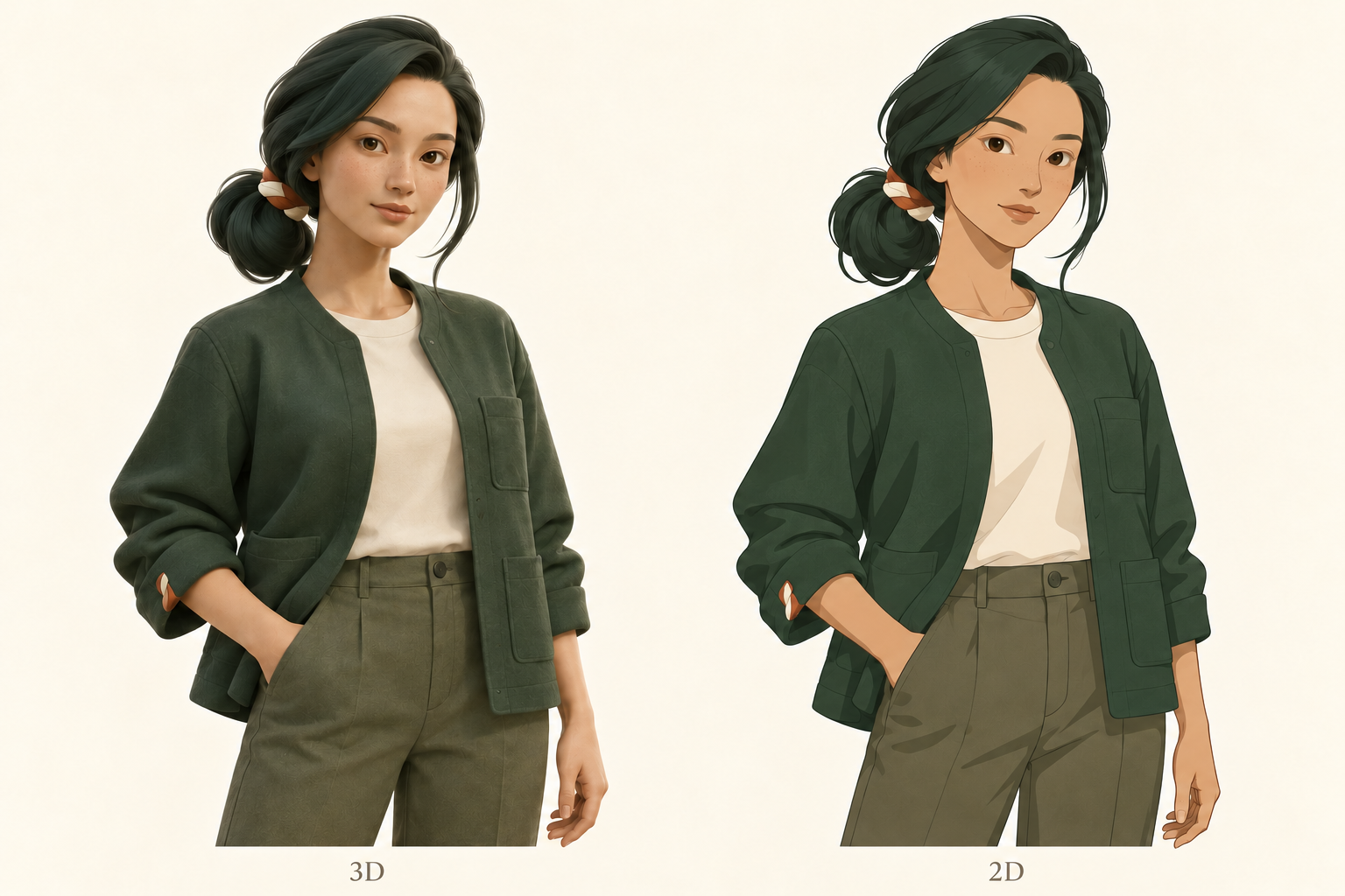 Araelle, with dark hair tied back and natural eyes, wearing a forest-green jacket and an ivory tee.